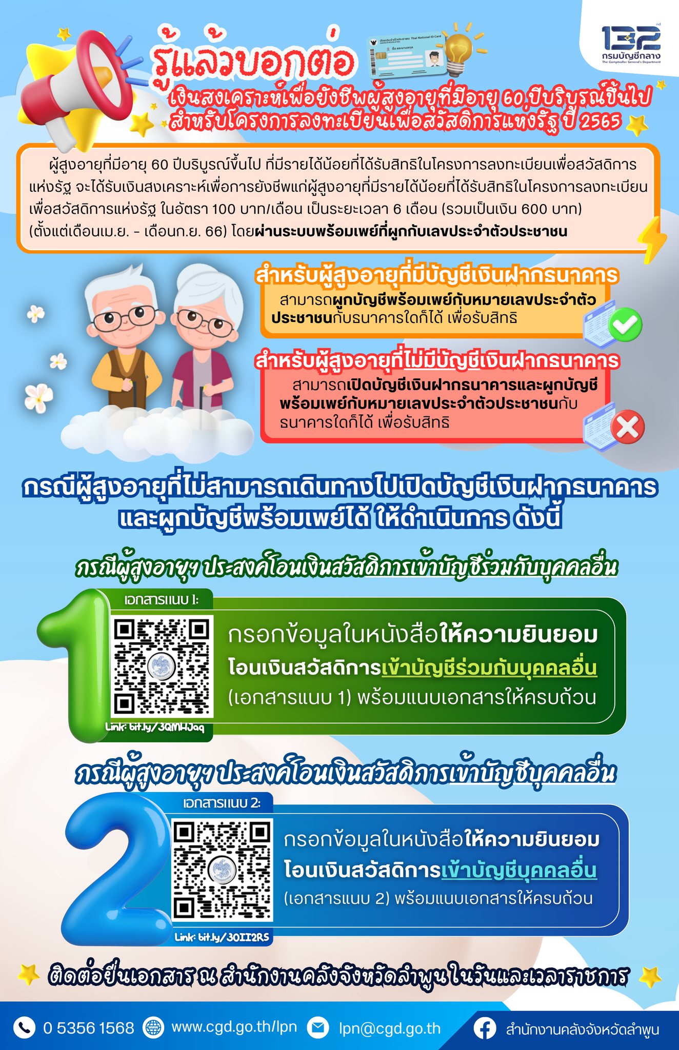 Read more about the article ข่าวประชาสัมพันธ์จากสำนักงานคลังจังหวัดลำพูน เรื่องเงินสงเคราะห์เพื่อยังชีพผู้สูงอายุที่มีอายุ 60 ปีบริบูรณ์ขึ้นไปสำหรับโครงการลงทะเบียนเพื่อสวัสดิการแห่งรัฐ ปี 2565