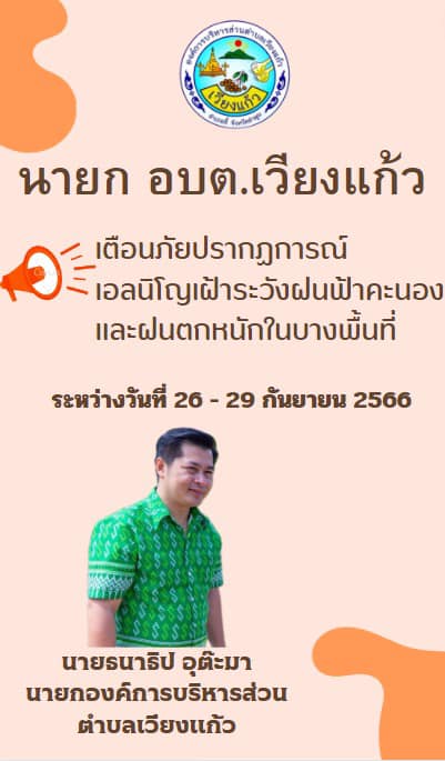 Read more about the article ายธนาธิป อุต๊ะมา นายกองค์การบริหารส่วนตำบลเวียงแก้ว เตือนภัยปรากฎการเอลนิโญเฝ้าระวังฝนฟ้าคะนองเเละฝนตกหนักในบางพื้นที่ ระหว่างวันที่  26-29 กันยายน 2566📣📣📣📣📣📣